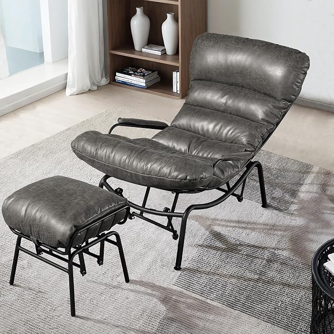 ovios Rocking Chair with Ottoman Glider Recliner with Footrest Lazy Accent Armchair with Comfy Cushion for Living Room Bedroom Office Suede Leather Grey
