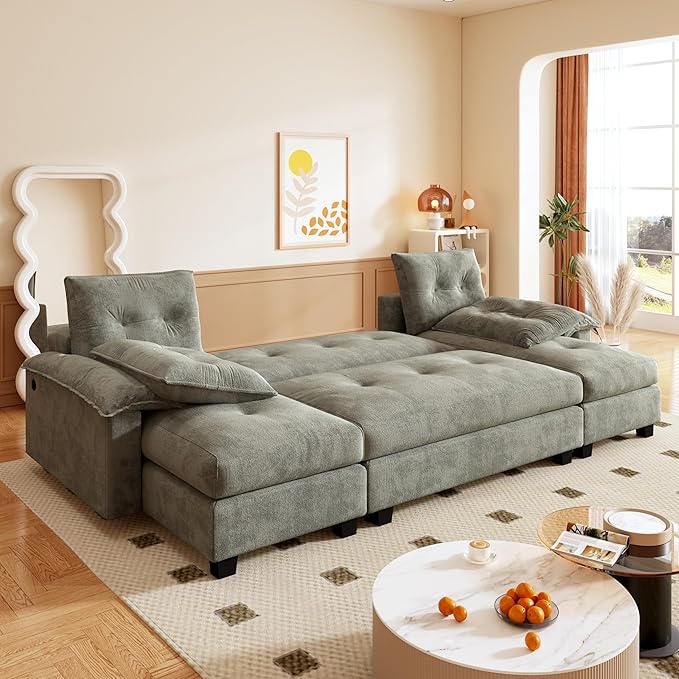 104.7 Modular Sectional Couch Convertible U Shaped Couch with Pull Out Bed Comfy Sleeper Sofa with Removable Armrests &amp USB Ports Modern Sectional Couches for Living Room Light Grey