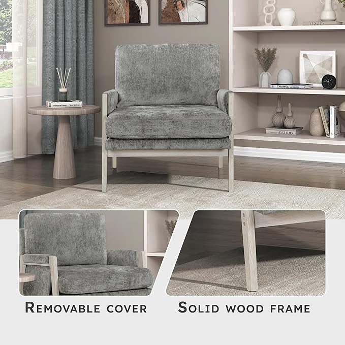 Lexicon Living Room Accent Chair with Wire-Brushed Light Brownish-Gray Wood Frame Chenille Upholstered Arm Chair with Wrapped Arm Rest Thick Seat Cushion Brownish Gray