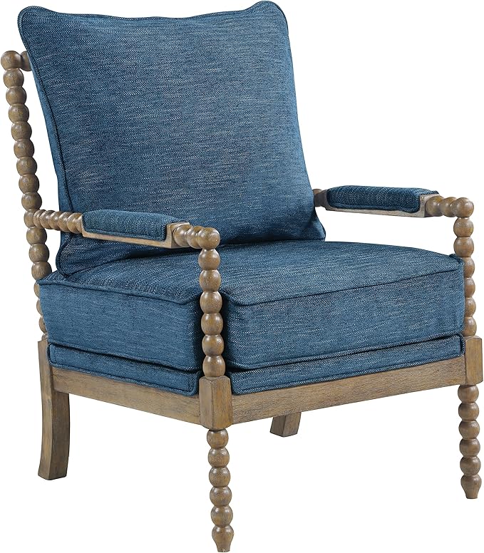 OSP Home Furnishings Fletcher Spindle Accent Chair with Rustic Brown Finish Navy Blue Upholstery