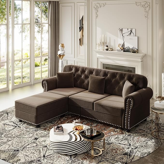 83 Stylish Velvet Sofa with Movable Ottoman Button Tufted Couch Bed with Rolled Armrests Comfort 3-Seater Sofa Bed with Rivet Decor &amp Solid Wood for Living Spaces Brown