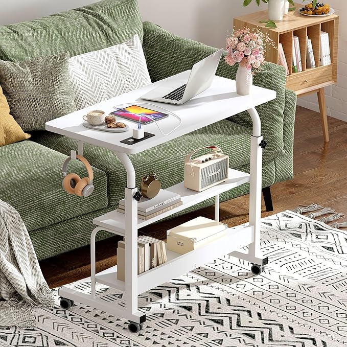 soges Height Adjustable Desk with Charging Station Mobile Computer Workstation with 2 Storage Shelves Small Rolling Desk on Wheels for Home Office White