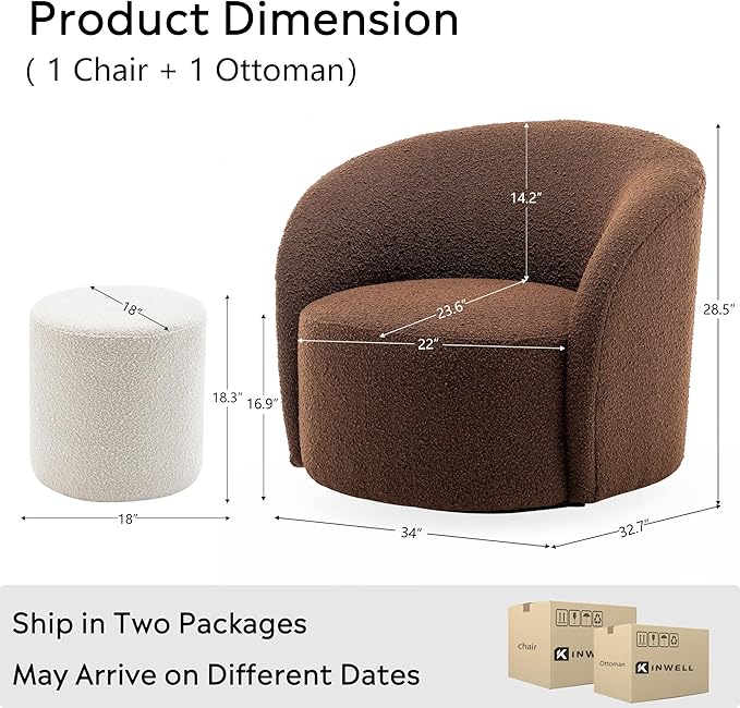 KINWELL 34 Boucle Swivel Barrel Chair with 18 Round Ottoman Set Fully Assembled Set of Sherpa Accent Chair and Footrest Modern Comfy Armchair and Footstool for Living Room and Bedroom Brown