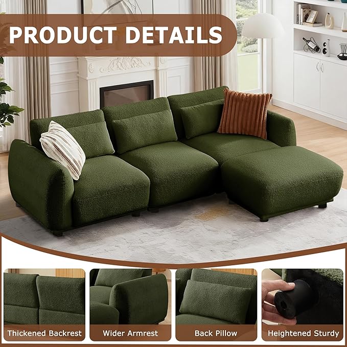 L Shaped Modular Sectional Couch with Removable Ottoman Convertible Cloud Sofa for Living RoomComfort Small Couch for Small Spaces(3 Set + 1 Ottomans - Green)