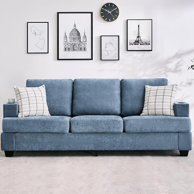 Garvee 89 Modern Sofa for Living Room 3-Seater Comfy Couches with Deep Seat Chenille Couch with Cup Holders and Side Storage Pockets for Apartment Lounge Blue