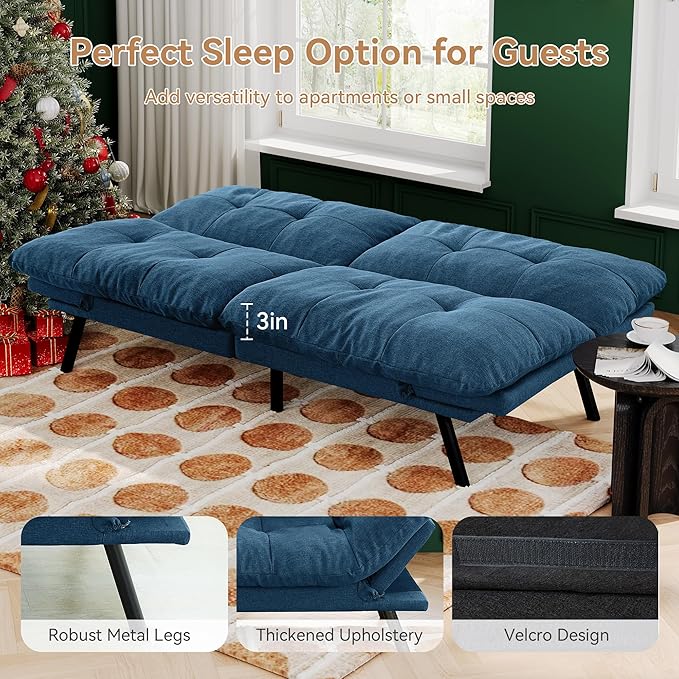 Convertible Futon Sofa Bed71 Modern Fabric Futon Couch with Adjustable Backrest&ampArmrestSmall Loveseat Sleeper SofaDorm Futonsofa for ApartmentLiving RoomDetachable CushionsNavy Blue