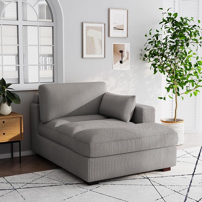 Chaise Lounge Indoor Upholstered Corduroy Sofa Counch with Left Armrest for Living Room Oversized Sleeper Sofa Bed with Pillows for Bedroom Apartment-Light Gray
