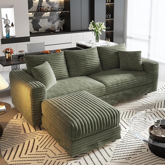 Cloud L Shaped Couch Modular Sectional Sofa 3 Seater Corduroy Cloud Sofa Couch with Ottoman 82.7'' Oversized Chaise Lounge Sleeper Sofas Deep Seat Sectional Couches for Living Room Green