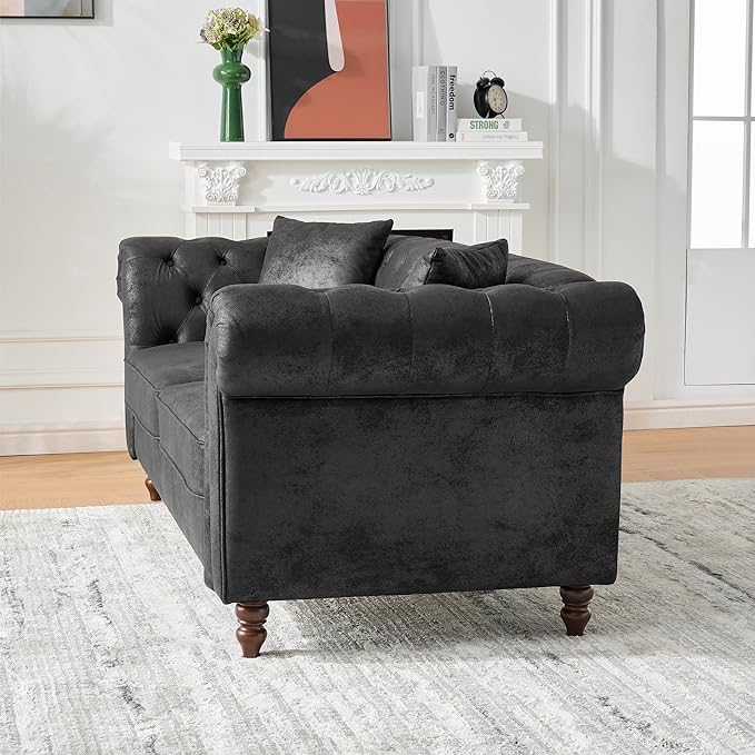 Mid Century Modern Faux Leather Couch 83 Chesterfield Sofa Tufted Loveseat Sofa w/Nailhead Trim Rolled Arms Comfy Upholstered Deep Seating Settee Love Seat for Living Room Office(Black 3 Seater)