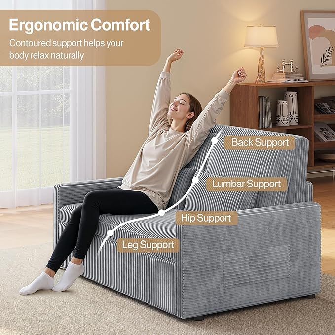 Ahomly 3 in 1 Pull Out Convertible Sofa Bed with 77.2'' Extended Sleeping Length Corduroy Loveseat Sleeper Sofa with Side Pockets Modern Loveseat for Living Room Grey