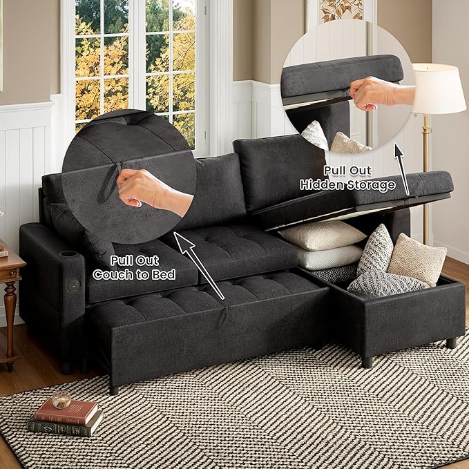 Sleeper Sofa Couch with Pullout Bed 83.5 Sectional Sofa Bed Couches for Living Room Apartment Pull Out Couch with USB Charing Reversible Storage Chaise Cup Holder Linen Fabric Black