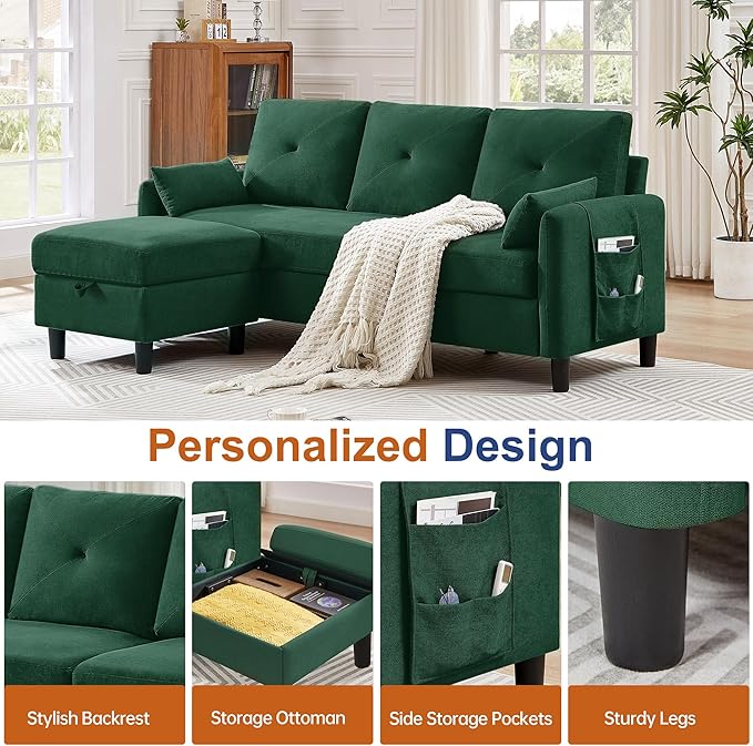 Sectional Sofa Set 77 Convertible Sofa and 35 Accent Chair Small 3 Seat L Shaped Couch with Storage Ottoman and Side Pockets Modern Couch for Living Room Office Apartment Green