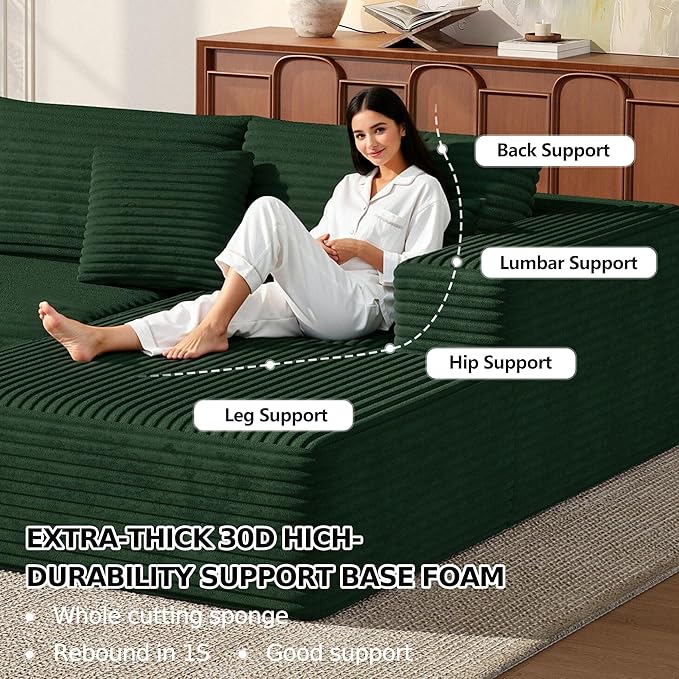 MoonSpeak 107 Sectional Boneless Couches for Living Room.Deep Seat Corduroy L Shaped Modular Sofa.Cloud Sectional Sofa.Upholstered Couches with Oversized Chaise(GreenRight Chaise)