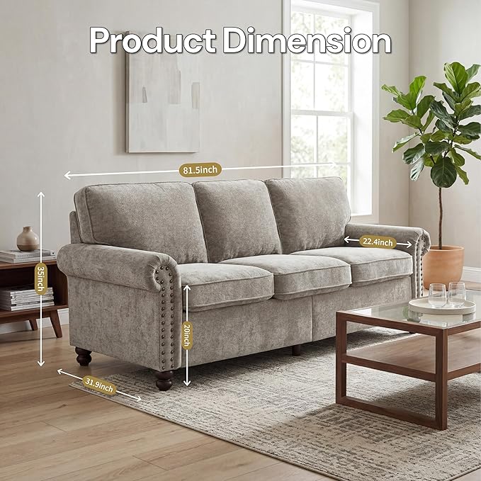 81.5 Rolled Arms Sofa Classic Couch with Nailhead Trim 3-Seater Sofa with Springs Deep Seat Cushion &amp Wooden Legs Comfy Vintage Couch for Living Room Apartment Farmhouse Grey Beige | Rolled
