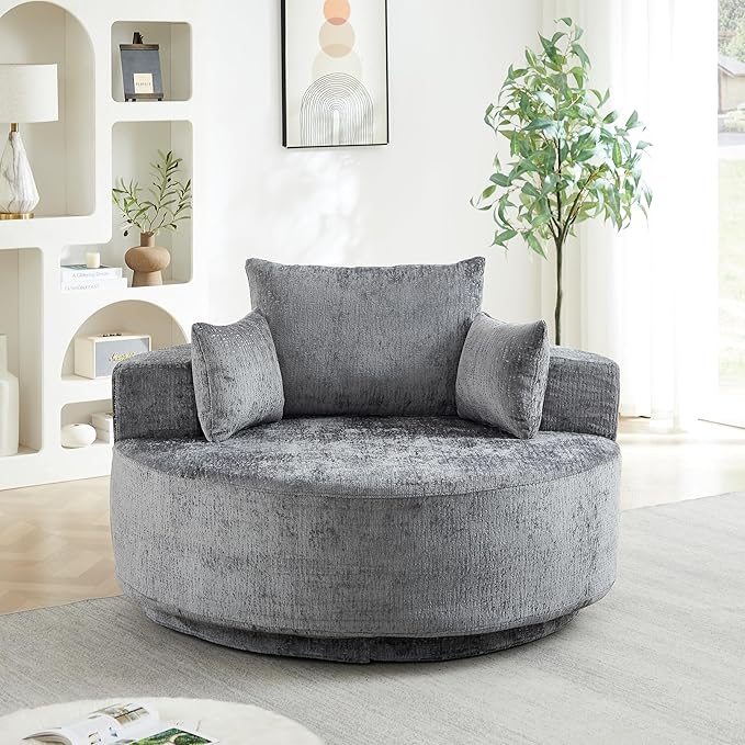 55 Oversized 360 Degree Swivel Chair Modern Round Chair Chaise Lounge Upholstered Chenille Swivel Accent Chair with Deep Seat Single Sleeper Sofa for Living Room (Grey Swivel - Classic Chenille)