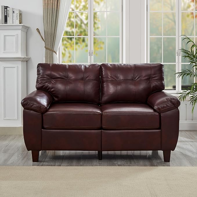 59 Faux Leather Loveseat with Storage Mid-Century Modern PU Sofa Couch with Tufted Seat &amp Back Deep Seat Small Sofa for Living Room Apartment Office Vintage Upholstered 2-Seater Couch Burgu