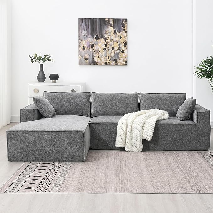 L-Shaped Corner Corduroy Sectional Sofa 4 Seat Modular Boneless Sofa Foam Cloud Couch with Movable Ottoman and Toss PillowsModern Deep Seat Convertible Chaise Sofa