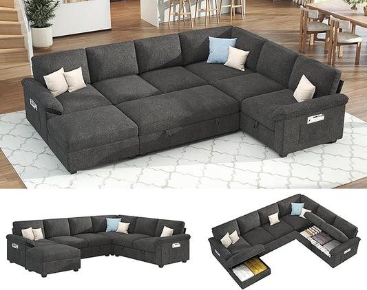 VanAcc 105 Sofa Bed Sectional Sleeper Sofa with Pull Out Bed/Reclining Backrest Sleeper Couch Bed with Storage 6 Seater Couch Bed for Living Room Chenille Dark Gray