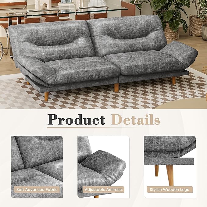 Homall Futon Sofa Bed Modern Loveseat Futon Couch with Adjustable Backrest and Armrests Sleeper Sofa Bed with Wood Frame for Living Room Office Apartment (Leathaire Heather Gray)