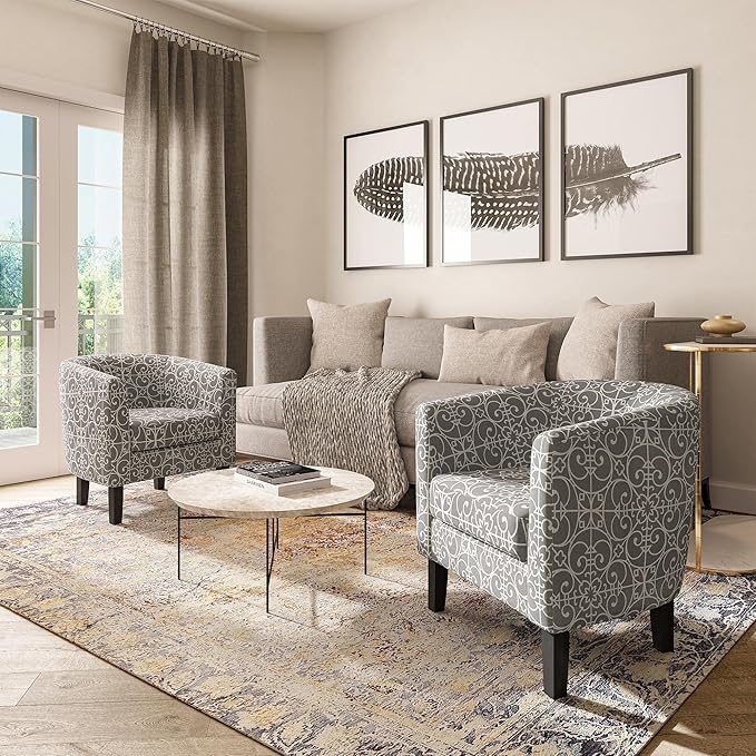 BELLEZE Accent Barrel Chair Linen Round Chair Club Tub Sofa Corner Chair with Flared Legs and Cozy Soft Padding for Living Room Bedroom Waiting Room - White &amp Gray