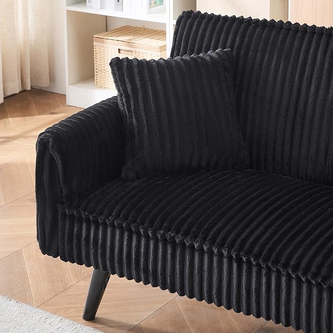 72'' Fabric Loveseat Sofa Comfy Corduroy Couch with 2 Embedded Teacup Holders 2 Seater Sofa with Adjustable Backrest Modern Small Convertible Futon Sofa Bed for Living Room Apartment (Black)
