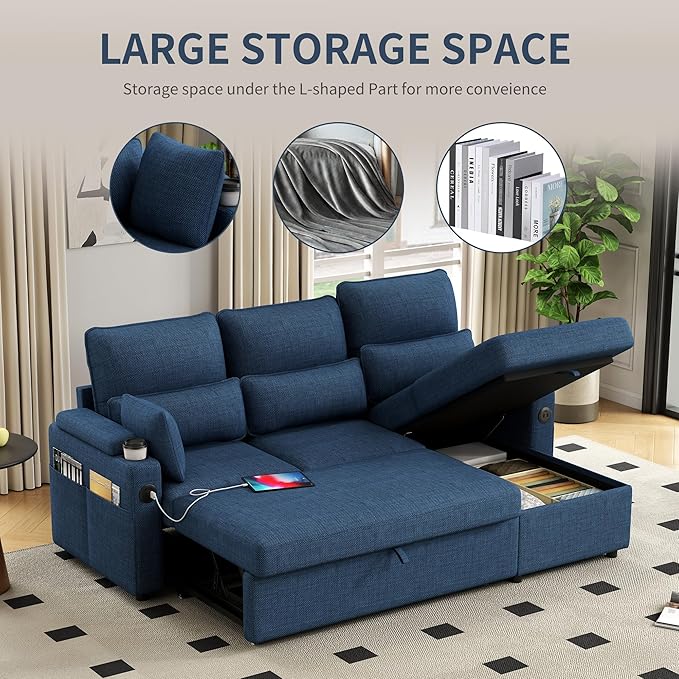 81 L-Shaped Sectional Sofa Couch Pull-Out Sleeper Sofa Bed with Storage Chaise Double Cup Holders Dual USB Charging Ports Couches for Living Room Apartment