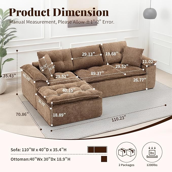 110 Modular Sectional Sofa Cloud Sectional Couch with Ottoman Modern L Shaped Sofa with Deep Seat Upholstered Boneless Couch for Living Room with Layered Cushion No Assembly Brown
