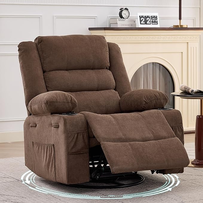 360° Swivel Recliner Chair for Adult Linen Rocker Chair with 3 Positions/2 Side Pockets/Cup Holders Manual Nursery Glider Rocking Chair for Bedroom Living Room Office
