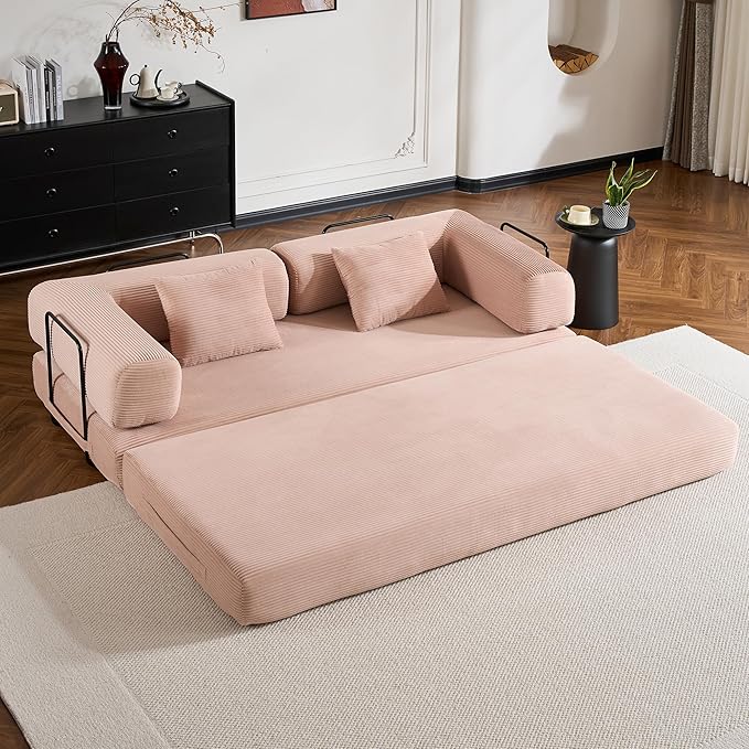 Convertible Folding Couch Bed Comfy Corduroy Sleeper Floor Sofa Bed with Fixed-Shape Frame Floor Sofa with Armrest Lounge Couch for Living Room Bedroom Lounge StudioPale Pink