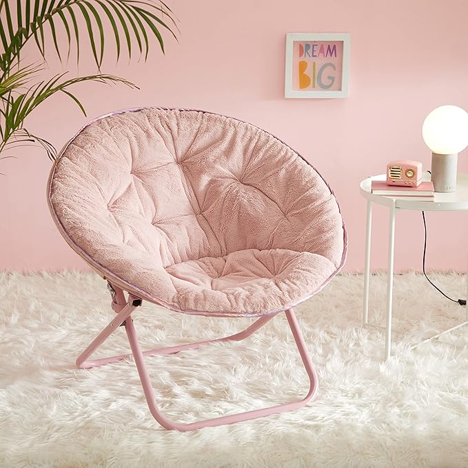 Urban Lifestyle Faux Fur with Holographic Trim Foldable Saucer Chair Blush