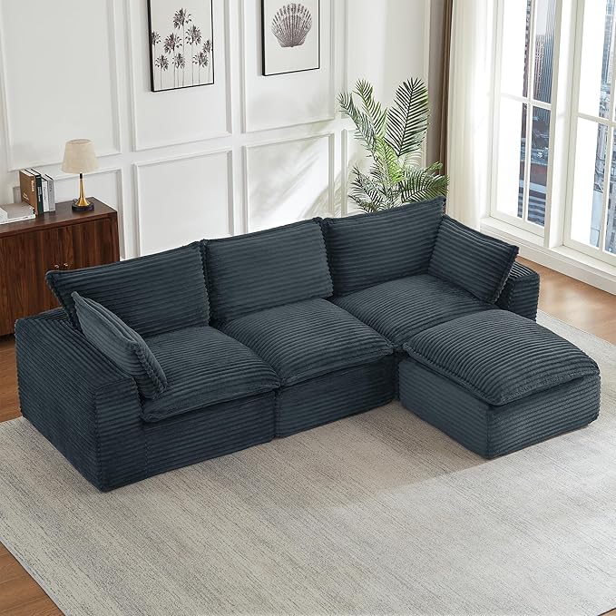 Modern L Shape Boneless Couch 109.4 Modular Sectional Sofa with Ottoman Comfy Corduroy Cloud Sofa with Deep Seat &amp Double-Layer Cushion Convertible 4 Seater Sleeper Couches for Living Room Gr