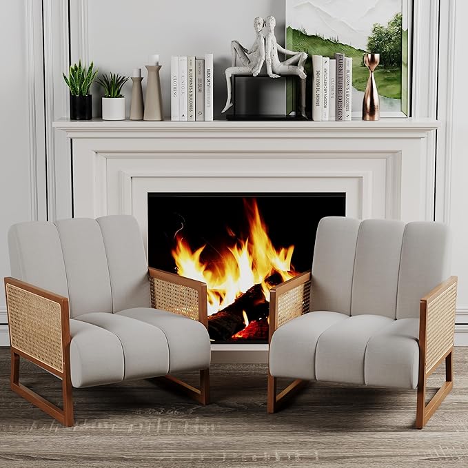 WENTMENT Mid Century Modern Accent Rattan Chair Set of 2 Natural Rattan Armchair with Solid Wood Frame Upholstered Living Room Chair Lounge Chair for Reception Room/Hosting Room/Bedroom (Grey)