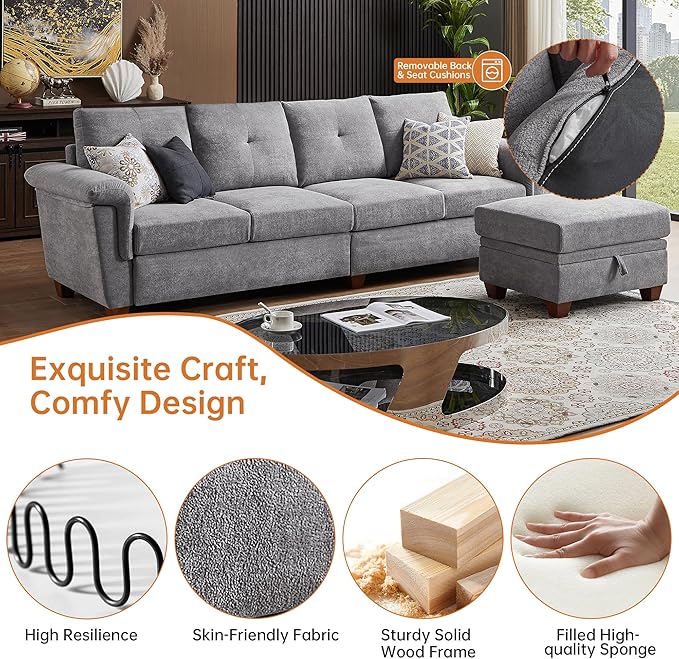 4-Seat Sectional Couches for Living Room Bedroom Office with Storage L Shape Convertible Sectional Sofa Couch with Ottoman and Cup Holders Light Grey