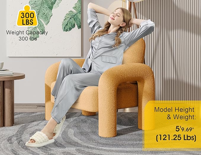 Modern Sherpa Accent Chair Teddy Upholstered Arm Single Sofa Cozy Fluffy Reading Chair for Living Room Bedrooms Corner (Yellow)