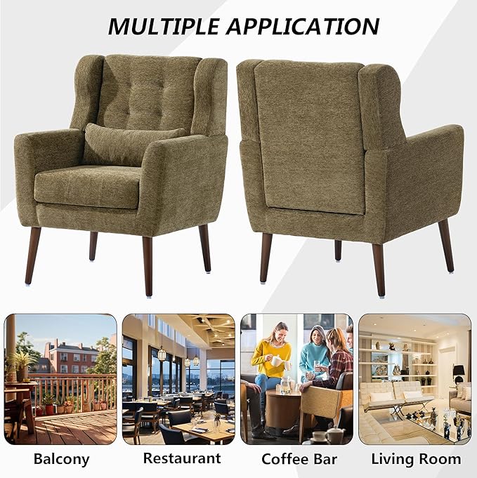 Modern Accent Chair Chenille Fabric Upholstered Tufted Side Chair Wingback ChairMid Century Reading Armchair with Waist Pillow Backrest for Living Room Bedroom (Olive Green)