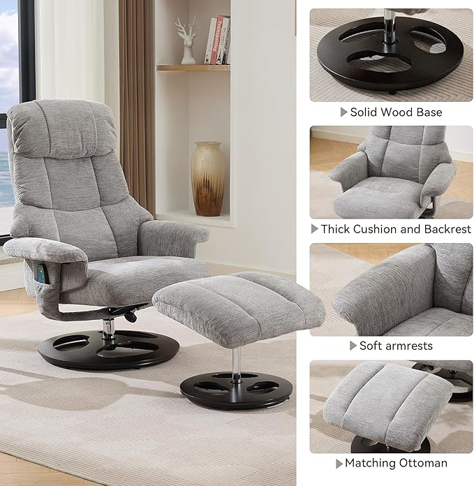 Ergonomic Recliner Chair with Ottoman for Adults 360° Swivel Massage Lounge Chair with 5-Point Vibration &amp Heated Seat140° Adjustable Chenille Recliner for Living Room Office (Grey+Chenille)