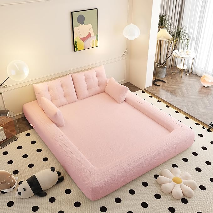Polibi 78.7 Foldable Sleeper Sofa Bed - 3-in-1 Lazy Sofa Couch Human Dog Bed with Teddy Fabric &amp Foam Filling for Living Room Playroom No Assembly Required (Pink)