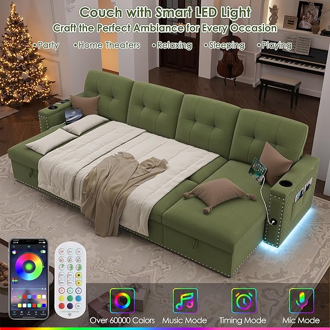 HIFIT 106 Sectional Couches for Living Room- Pull Out Sleeper Sofa Couch w/Storage ChaiseStorage ArmrestLED Light&ampUSB Port&ampCupholderModern Velvet U Shaped Home Sofa Living Room Furniture S