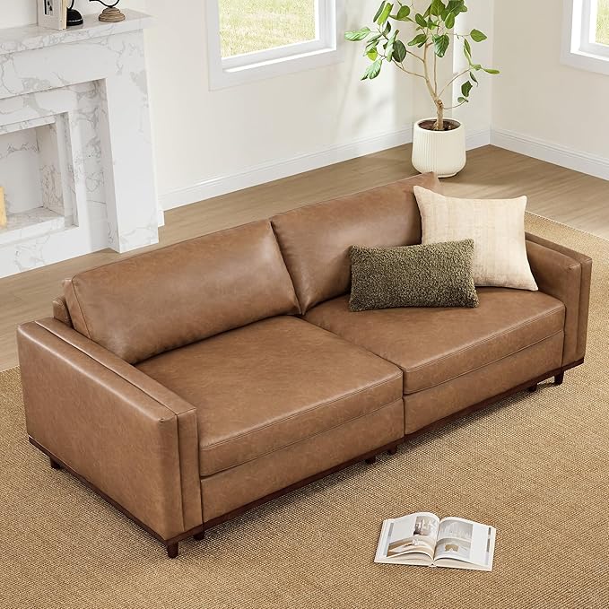 CHITA 83 Super Large Luxury Loveseat Sectional Modular Sofa FSC Certified Down Filled Modern Sofa Deep Seat Comfty Cloud Couch 2 Seat Couch Solid Wood Leg Faux Leather in Camel