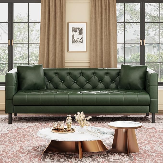 81 Button-Tufted Leather Sofa Mid-Century Modern Chesterfield 3 Seater with Deep Seat and 2 Pillows Ideal Leather Couch for Living Room Apartment and Office Use (Dark Green)
