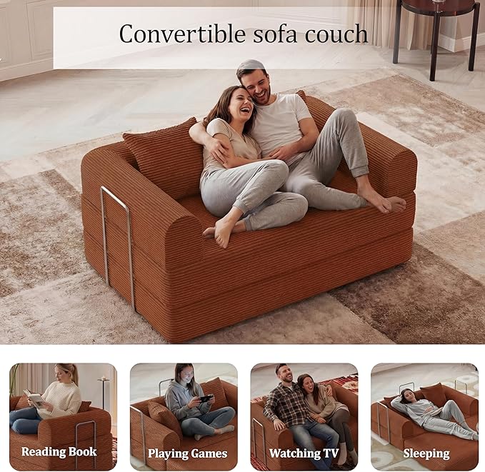 HouseMila 53.15 Convertible Sofa Bed4-in-1 Futon Sofa Bed Modular Loveseat Sleeper Folding Pull Out Couch with Pillows No Assembly Required Boneless Couch for Living Room Bedroom Guest RoomOrange