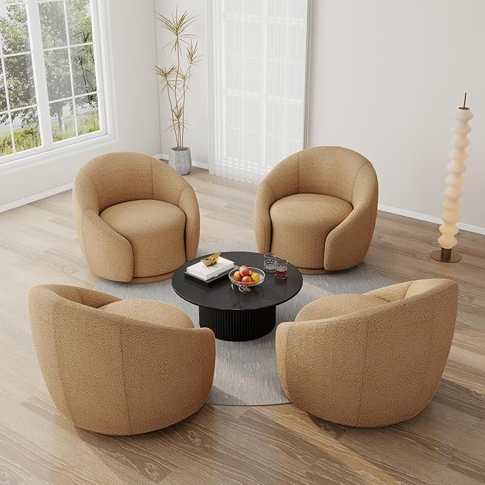 Swivel Barrel Accent Chair 360° Small Round Sofa Chair Comfy Modern Reading Armchair for Living Room Bedroom (Boucle Light Brown Set of 2)