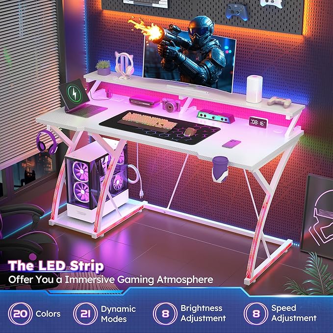 48 inch Gaming Desk with LED Lights &amp Power Outlet Computer Desk with Monitor Shelf &amp Mouse Pad &amp Cup Holder Ergonomic Carbon Fiber Gaming Table PC Work Home Office Desks PC TableWhite