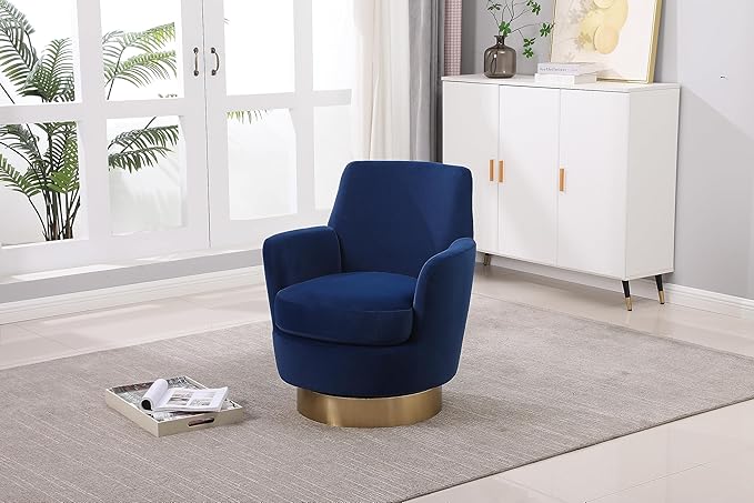Velvet Swivel Barrel Chair Armchair for Living Room Reading Chairs for Bedroom Comfy Round Barrel Chairs with Gold Stainless Steel Base for Living Room Bedroom Reading Room (Navy)