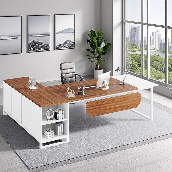 Oigavfd 70.8 L Shape Executive Desk with File Cabinet and Printer Stand L Shaped Computer Desk with Storage and Metal Frame Corner Desk for Home Office (Walnut White)