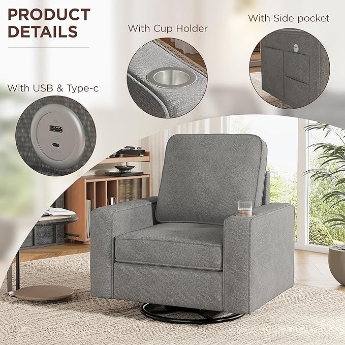 Swivel Square Accent Chair with Wide Armrests360° Rotating Comfy Single Sofa Chairs with USB/Type-CCup Holder &amp Side PocketModern Armchair for Living Room Bedroom Reading Lounge NookLight Grey