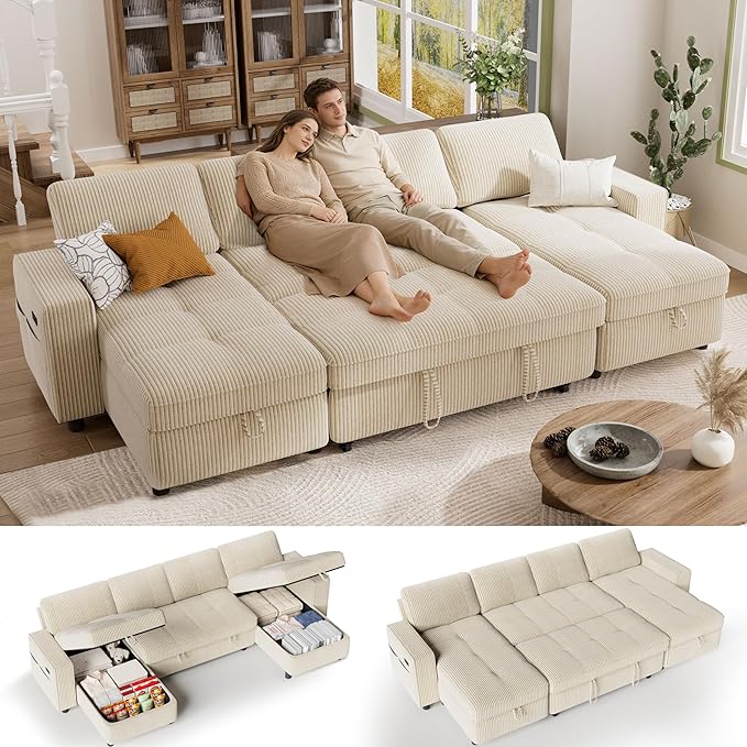 Vipbear Sectional Sleeper Couch with Pull Out Sofa Bed U Shaped Plush Corduroy Couch with Reclining Backrest &amp 2 Storages &amp USB Charging Convertible Cloud Sectional Sofa Bed for Living Room