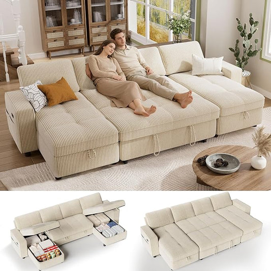 Vipbear Sectional Sleeper Couch with Pull Out Sofa Bed U Shaped Plush Corduroy Couch with Reclining Backrest &amp 2 Storages &amp USB Charging Convertible Cloud Sectional Sofa Bed for Living Room