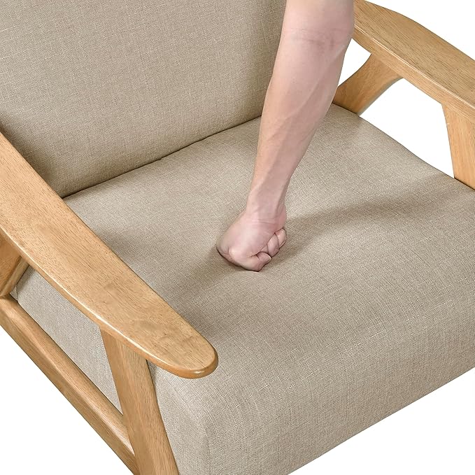 Lexicon Mid Century Modern Accent Chair with Solid Wood Frame in Natural Finish Textured Fabric Living Room Lounge Arm Chair Thick and Comfy Innerspring Seat Cushion Linen-Look Fabric Light Brown