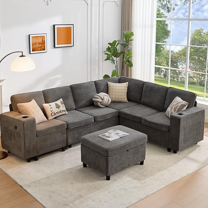 107 Modular Sectional Sleeper Sofa with Pull Out Bed 7 Seat U Shaped Couch with Storage Ottoman USB Port &amp 6 Pillows Sectional Couches for Living Room &amp Apartment Modular Cloud Couch Gre